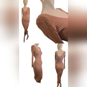 Hera Collection Tan Ribbed Knit V Neck Midi Dress ~ Small